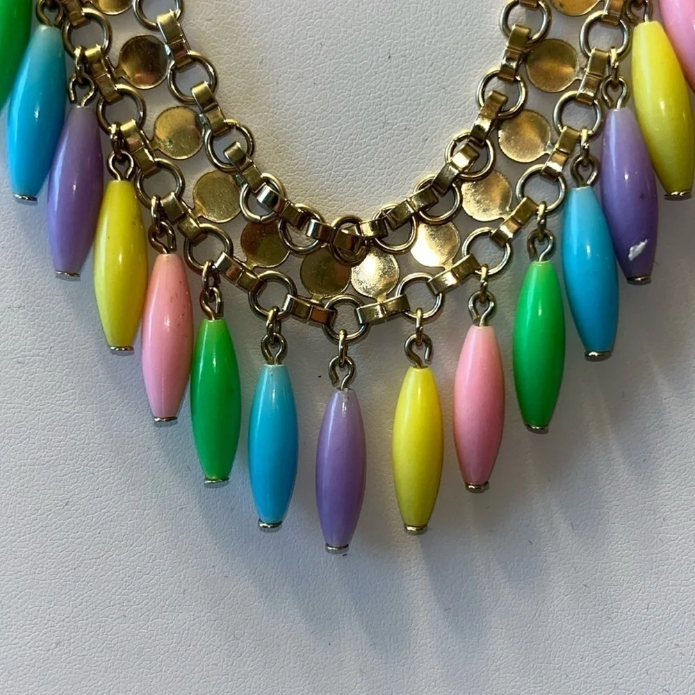 Pretty Pastel vintage plastic beaded fringe necklace gold tone fairy whimsical